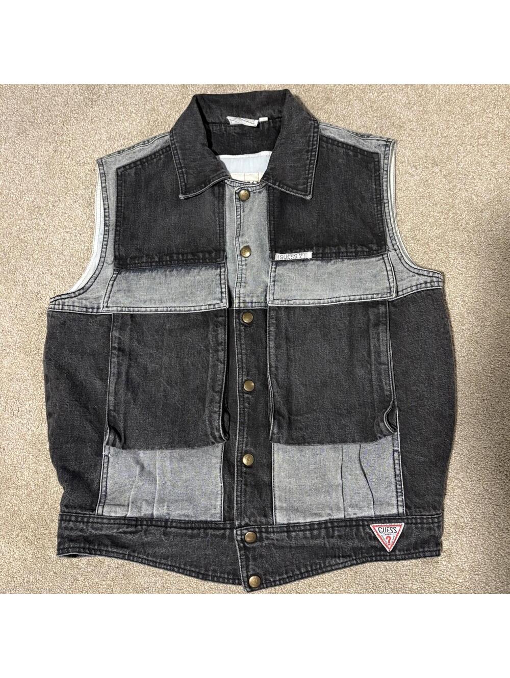 Vintage 80s Guess Jeans by Marciano Two Toned Denim Vest Jacket Black Gray, Sz M